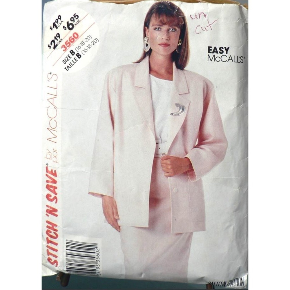 Vintage McCall's Sewing Pattern 3560 Unlined Jacket and Skirt Size 16-20 Uncut